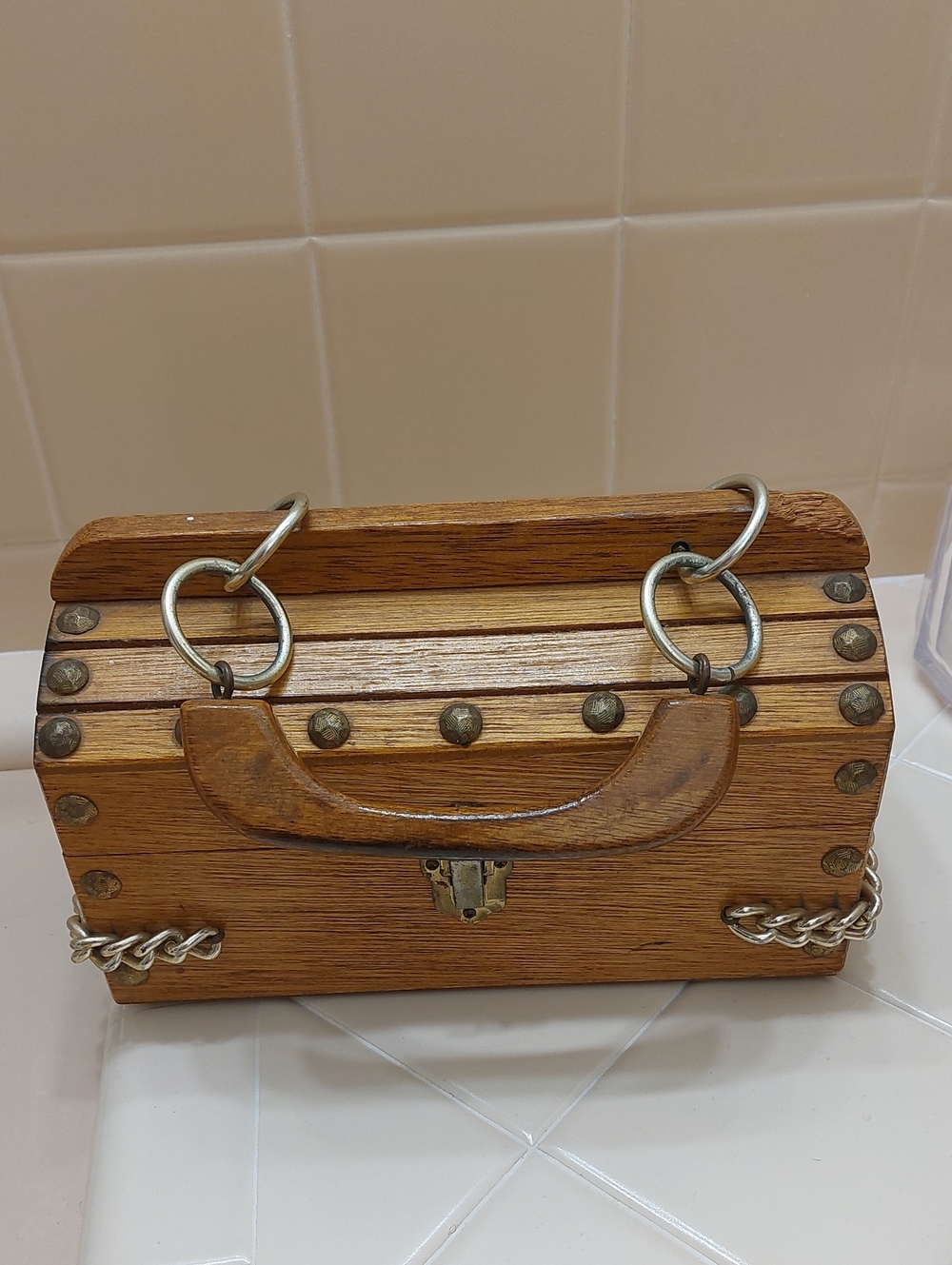 Vintage 1960s Wooden Studded Treasure Box Handbag with Metal Accents - Brown